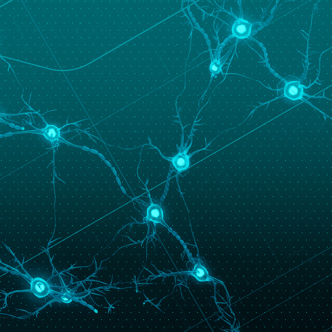 a field with blue neurons on a dark green backround